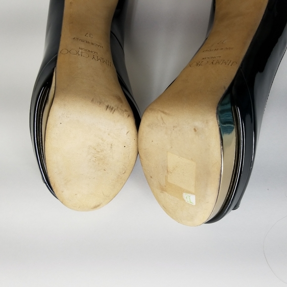 JIMMY CHOO Patent Leather Platform Heels Open Toe Stiletto Pumps Size 37 - Picture 10 of 16